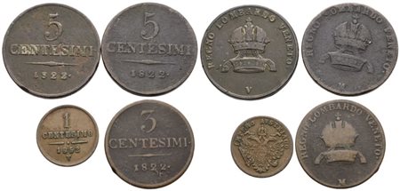 MILANO. REGNO LOMBARDO VENETO. Francesco I d'Asburgo (1815-1835). Lotto di 4 monete varie. Cu; Zecche, nominali, anni e conservazioni varie.