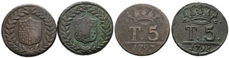 NAPOLI. REGNO DI NAPOLI. Ferdinando IV di Borbone (1759-1799 I per.). Lotto di 2 monete da 5 tornesi 1797, 1798. Cu; 26,5mm; Conservazioni varie