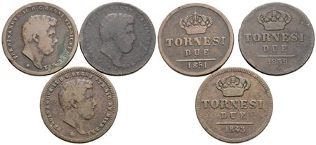 NAPOLI. REGNO DELLE DUE SICILIE. Ferdinando II di Borbone (1830-1859). Lotto di 3 monete da 2 tornesi 1839, 1843, 1851. Cu; Conservazioni varie.