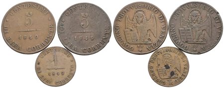 VENEZIA. GOVERNO PROVVISORIO (1848-1849). Lotto di 3 monete da 5, 1 centesimo 1849. Cu; Conservazioni varie.