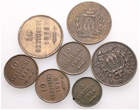 SAN MARINO. Vecchia monetazione (1864-1938). Lotto da 7 monete da 10 e 5 centesimi; Cu; Date e conservazioni varie.