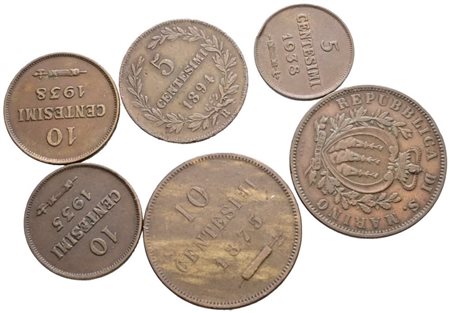 SAN MARINO. Vecchia monetazione (1864-1938). Lotto da 6 monete da 10 e 5 centesimi; Cu; Date e conservazioni varie.
