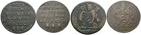 STATO PONTIFICIO. Pio VII (1800-1823). Lotto di 2 monete da 1 Baiocco 1801 e 1816. Cu; Conservazioni varie.