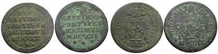 STATO PONTIFICIO. ROMA. Pio VII (1800-1823). Lotto di 2 monete da 1 Baiocco 1801 e 1802. Cu; Conservazioni varie.