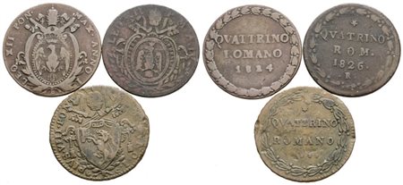 STATO PONTIFICIO. Leone XII e Pio VIII. Lotto di 3 monete da un quattrino 1824-1826-1829. Cu; Conservazioni differenti