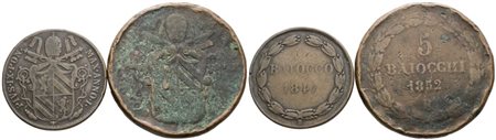 STATO PONTIFICIO. Pio IX (1846-1870). Lotto di 2 monete da 2 baiocchi 1847 B e 5 baiocchi 1852 R. Cu; Conservazioni differenti