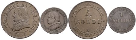 STATO PONTIFICIO. ROMA. Pio IX(1846-1870). Lotto di 2 monete da 4 soldi e 1 soldo. Cu; Anni e conservazioni differenti