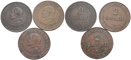 STATO PONTIFICIO. ROMA. Pio IX(1846-1870). Lotto di 3 monete da 2 soldi 1866-1867. Cu; Conservazioni differenti