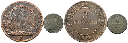 REPUBBLICA ROMANA. ROMA (1848-1849). Lotto di 2 monete da 3 e 4 baiocchi 1849. Metalli e conservazioni differenti.