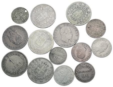 REGNO D'ITALIA. Vittorio Emanuele II (1861-1878). Lotto di 14 monete in argento da 2, 1 lira. Ag; Varie conservazioni.