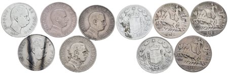 REGNO D'ITALIA. Umberto i - Vittorio Emanuele III. Lotto di 5 monete da 1 lira. Ag; Date e conservazioni varie.