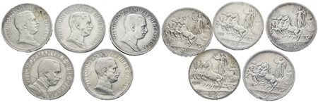 REGNO D'ITALIA. Vittorio Emanuele III (1900-1943). Lotto di 5 monete in argento da 2 lire. Ag; Varie conservazioni.