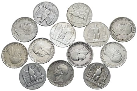 REGNO D'ITALIA. Vittorio Emanuele III (1900-1943). Lotto di 14 monete da 5 lire "Aquilotto". Ag; Varie date e conservazioni.
