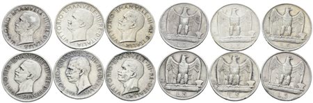 REGNO D'ITALIA. Vittorio Emanuele III (1900-1943). Lotto di 6 monete da 5 lire "Aquilotto". Ag; Date e conservazioni varie.