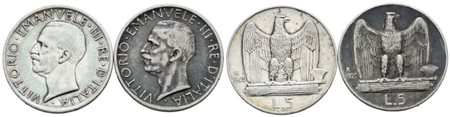 REGNO D'ITALIA. Vittorio Emanuele III (1900-1943). Lotto di 2 monete da 5 lire 1929 "Aquilotto". Ag; Conservazioni varie