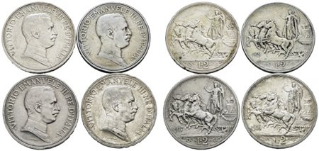REGNO D'ITALIA. Vittorio Emanuele III (1900-1943). Lotto di 4 monete da 2 lire "Quadriga briosa" 1914, 1915, 1916, 1917. Ag; Conservazioni varie.