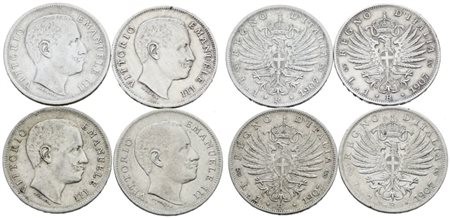 REGNO D'ITALIA. Vittorio Emanuele III (1900-1943). Lotto di 4 monete da 1 lira 1907 "Aquila sabauda". Ag; Gig. 131; Conservazioni varie