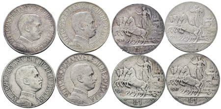 REGNO D'ITALIA. Vittorio Emanuele III (1900-1943). Lotto di 4 monete da 1 lira 1913 "Quadriga veloce". Ag; Gig. 136; Conservazioni varie