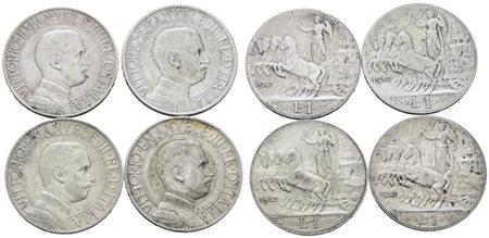REGNO D'ITALIA. Vittorio Emanuele III (1900-1943). Lotto di 4 monete da 1 lira "Quadriga veloce". Ag; Date e conservazioni varie