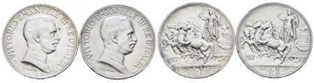 REGNO D'ITALIA. Vittorio Emanuele III (1900-1943). Lotto di 2 monete da 1 lira 1917 "Quadriga briosa". Ag; Gig. 139; Conservazioni varie
