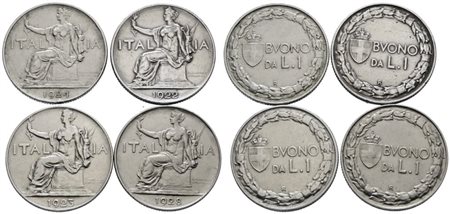 REGNO D'ITALIA. Vittorio Emanuele III (1900-1943). Lotto di 4 monete da 1 lira "Italia seduta". Ni; Date e conservazioni varie