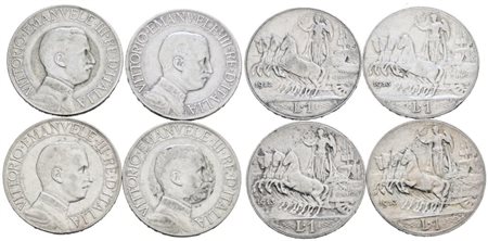 REGNO D'ITALIA. Vittorio Emanuele III (1900-1943). Lotto di 4 monete da 1 lira "Quadriga veloce. Ag; Date e conservazioni varie