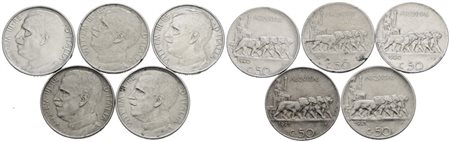 REGNO D'ITALIA. Vittorio Emanuele III (1900-1943). Lotto di 5 monete da 50 centesimi "Leoni". Ni; Date e conservazioni varie