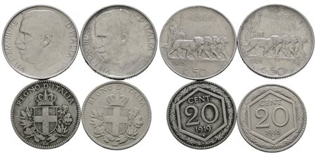 REGNO D'ITALIA. Vittorio Emanuele III (1900-1943). Lotto di 4 monete da 20 centesimi "Esagono"; 50 centesimi "Leoni" Ni; Date e conservazioni varie
