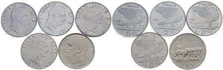 REGNO D'ITALIA. Vittorio Emanuele III (1900-1943). Lotto di 5 monete da 50 centesimi "Impero"; "Leoni". Date e conservazioni varie