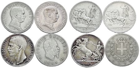 REGNO D'ITALIA. Lotto di 4 monete in argento da 2, 1 lira. Ag; Varie conservazioni.