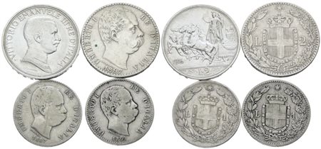 REGNO D'ITALIA. Lotto di 4 monete in argento da 2, 1 lira. Ag; Varie conservazioni.