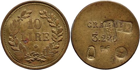 SAVOIA - Peso monetale 10 Lire Ø: 18 mm. - (BR g. 3,22) RR Borz. 615 Contromarche. SPL+