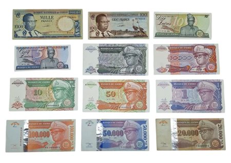 ZAIRE (CONGO). Lotto di 12 banconote. Date, tagli e conservazioni varie. Si segnala un 10 zaire 1993 con serie A6666666A