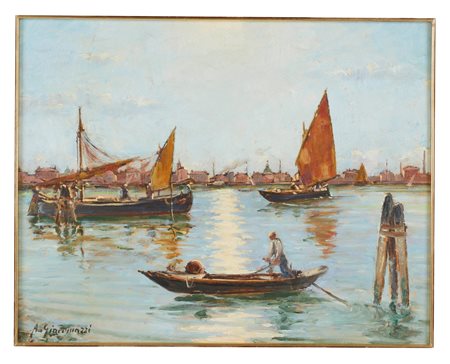Alberto Giacomazzi (Venezia, 1890 - Bologna, 1969) 
 "Venezia - Laguna" 1960
Olio su tela applicata su tavola 