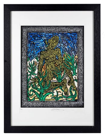 Robert Combas (Lione, 1957 - ) 
"L'homme jaune" 
Litografia a colori su carta  Cm lastra: 42x32,5