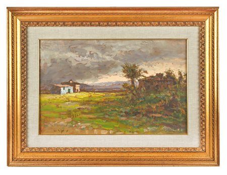 Garzia Fioresi (Vigevano, 03/06/1888 - Bologna, 29/03/1968) 
"Paesaggio" 
Olio su tavola Cm 36,5x57