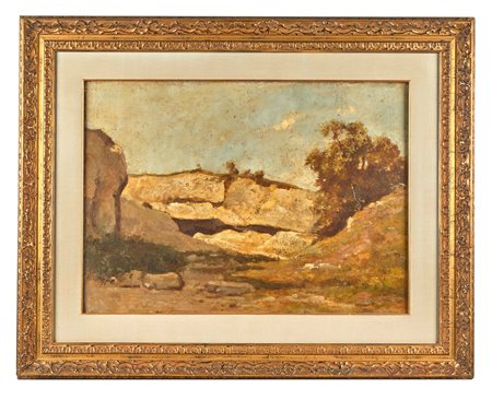 Luigi Bertelli (attribuito a) (San Lazzaro di Savena, 27/12/1833 - Bologna, 23/01/1916) 
"Paesaggio" 
Olio su tela Cm 50x70,5