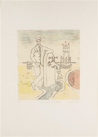 Giorgio De Chirico (Volo, 10/07/1888 - Roma, 20/11/1978) 
“La fontana del mistero” 1971
Incisione a vernice molle su carta Cm 70x50,5