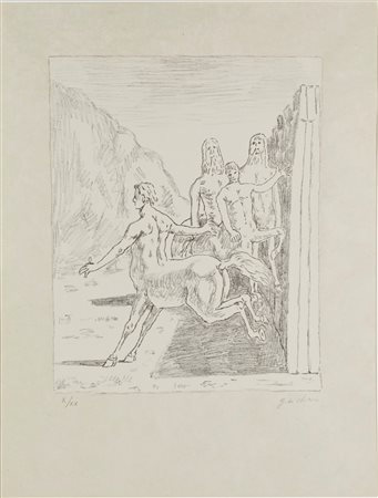 Giorgio De Chirico (Volo, 10/07/1888 - Roma, 20/11/1978) 
“La famiglia dei Centauri” 1973
Litografia a colori su carta Cm 70x50
