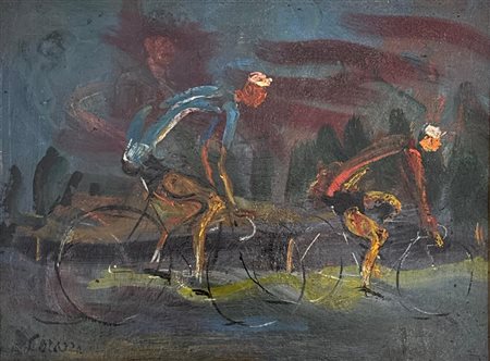 Nino Corrado Corazza (Bologna, 22/08/1897 - Bologna, 10/03/1975) 
"Ciclisti" 
Olio su tela Cm 30x40