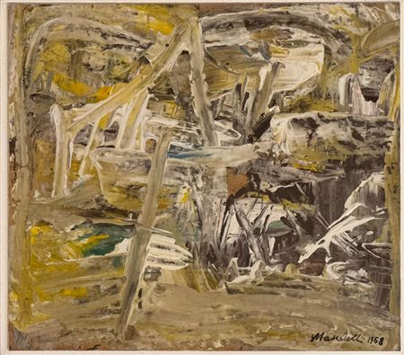 Pompilio Mandelli (Luzzara, 14/06/1912 - Bologna, 28/05/2006) 
"Paesaggio informale" 
Olio su tavola Cm 21,5x24,5