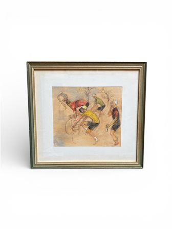 Nino Corrado Corazza (Bologna, 22/08/1897 - Bologna, 10/03/1975) 
"Ciclisti" 
Tecnica mista su carta Cm 23,5x26
