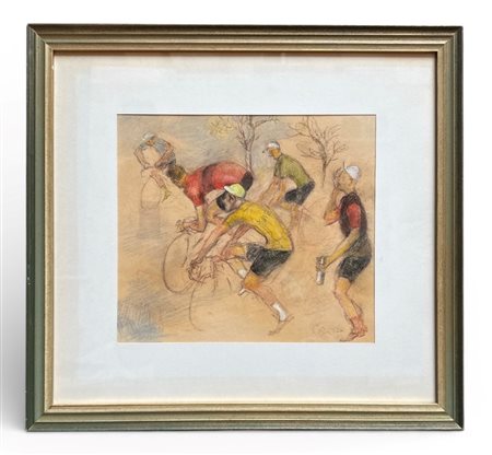 Nino Corrado Corazza (Bologna, 22/08/1897 - Bologna, 10/03/1975) 
"Ciclisti" 
Tecnica mista su carta Cm 23,5x26