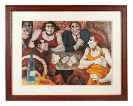 Remo Squillantini (Stia, 1920 - Firenze, 1996) 
"Giocatori di carte" 
Litografia a colori su carta Cm 50x70