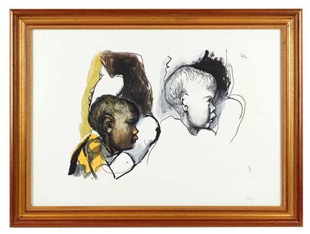 Renato Guttuso (Bagheria, 26/12/1911 - Roma, 18/01/1987) 
"Studio di volti" 
Litografia a colori su carta Cm 50x70