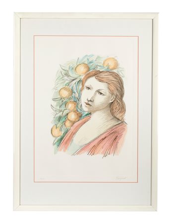 Domenico Purificato (Fondi , 14/03/1915 - Roma, 6/11/1984) 
“Donna con limoni” 1984
Litografia a colori su carta Cmm 54x38