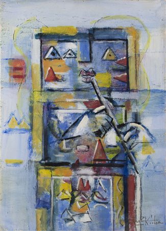 IBRAHIM KODRA (1918-2006)Suona Musica Folk Olio su carta intelataCm...