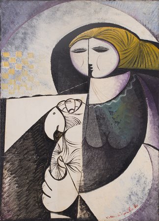 VITTORIO MARIA DI CARLO (1937)Figura, 1976 Olio e collage su telaCm...