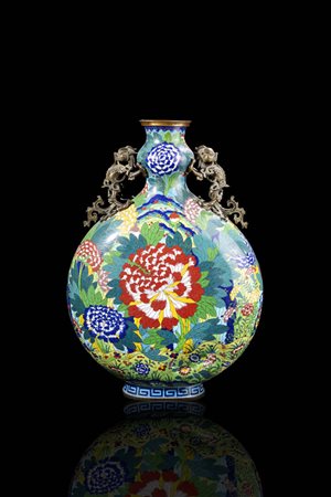 FIASCA<BR>Grande fiasca in cloisonné decorata con peonie