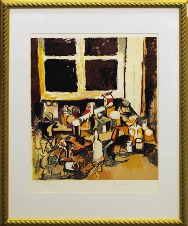 RENATO GUTTUSO, "Oggetti sul tavolo e finestra di sera", 1982